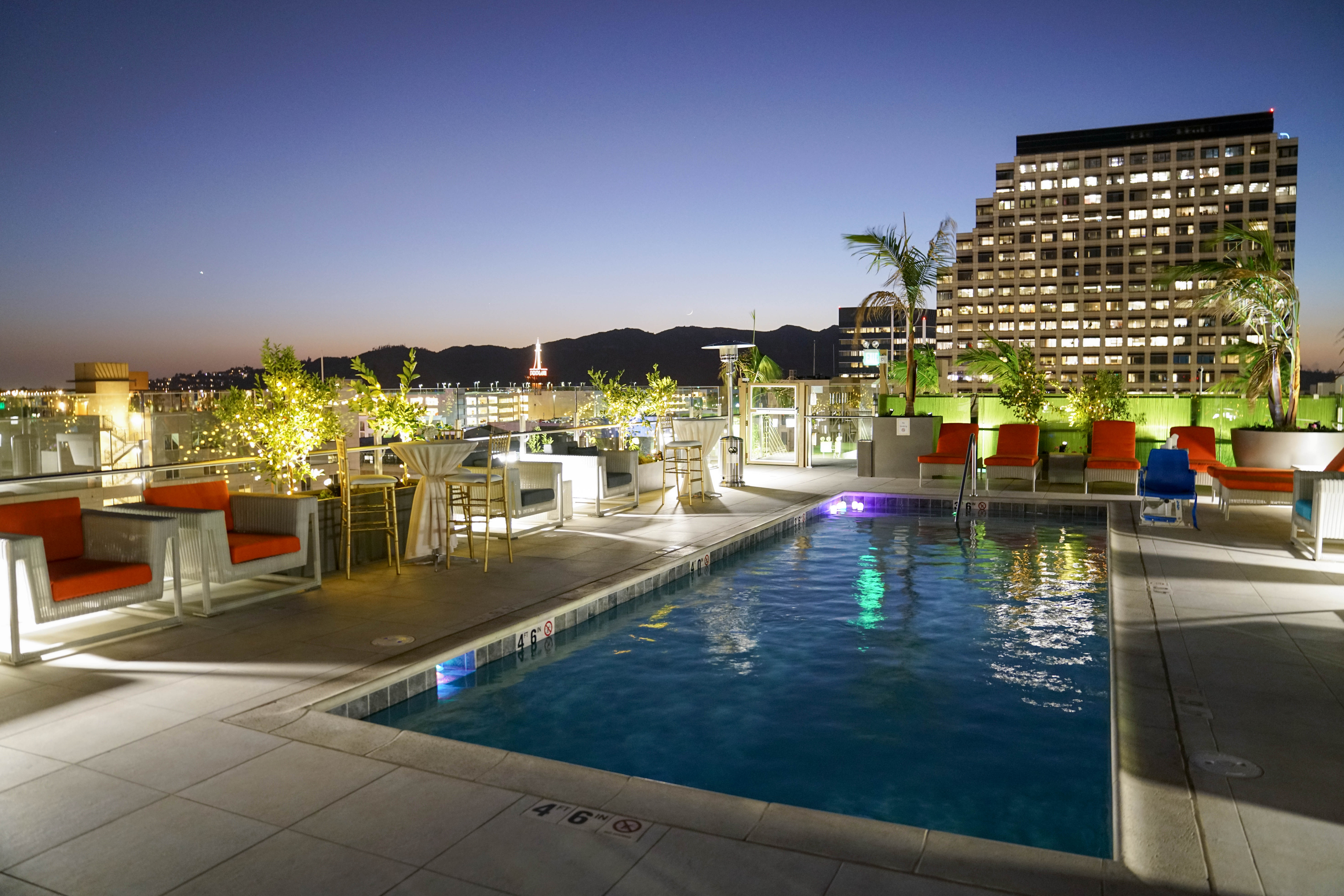 rooftop pool area in the evening
