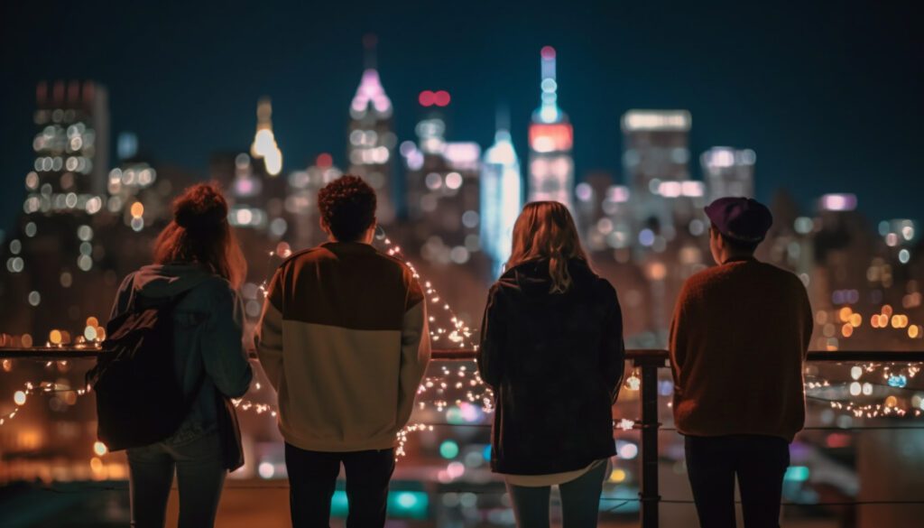 City life illuminates the night skyline, bustling with people generated by artificial intelligence