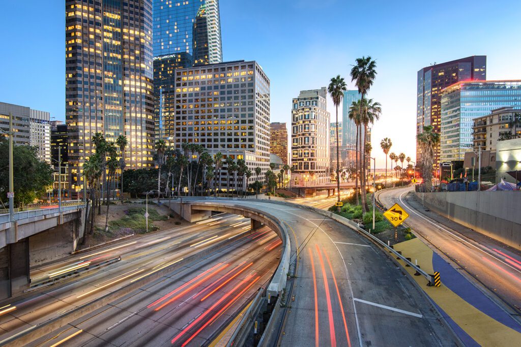 downtown-los-angeles-sunset-with-car-traffic-light-trails