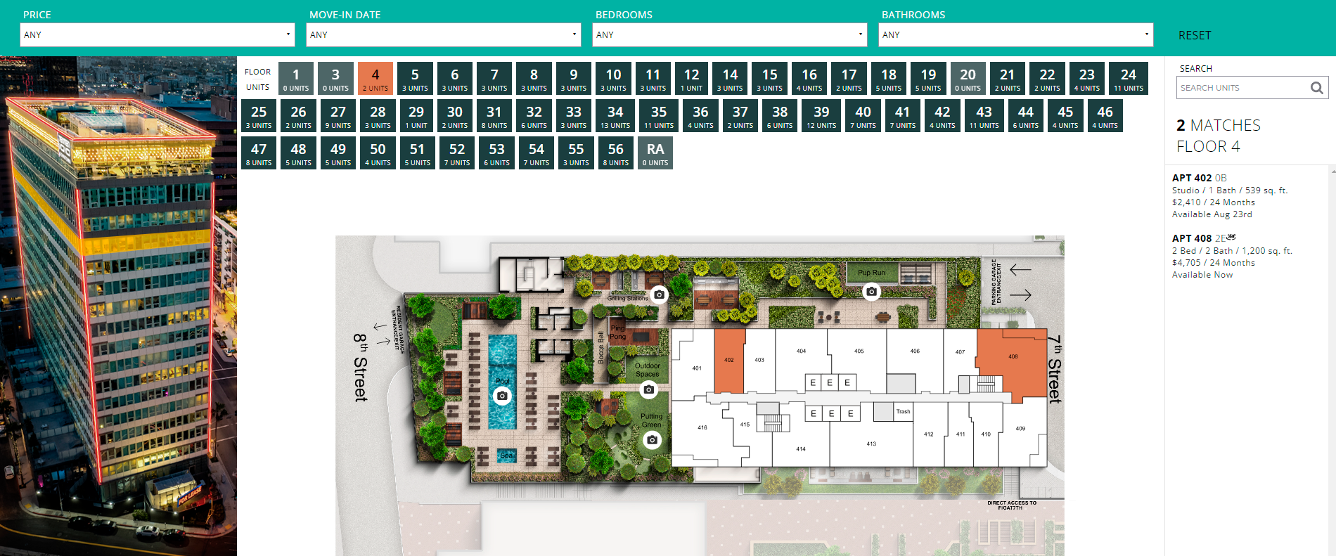a digital floor plan with a rooftop pool and garden area, alongside a grid layout of apartment units.