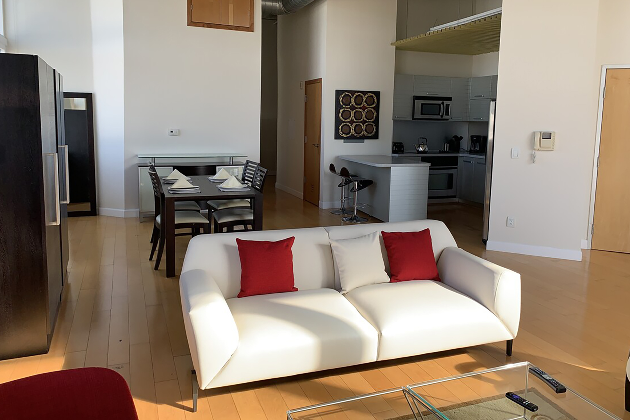 living room, dining and kitchen area